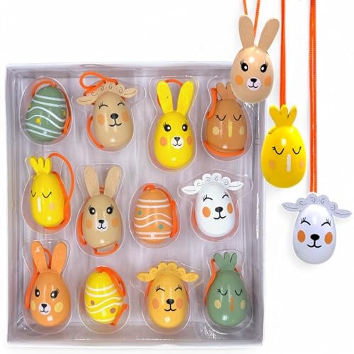 MIJOMA Osteranhänger Set aus Holz – Deko zum Aufhängen – Handbemalte Ostereier, Hase, Küken & Lamm – Frühlingsdeko für Osterstrauch & Geschenke (12)