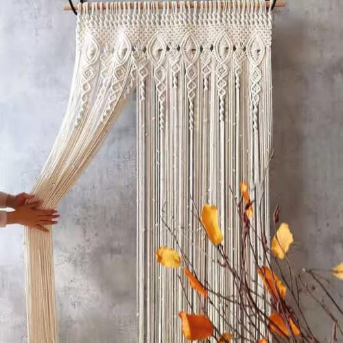 HpLive Rideau de porte tissé à la main - Style bohème - En coton beige - Pour fenêtre, porte, mariage - Décoration de fond (90 x 200 cm)