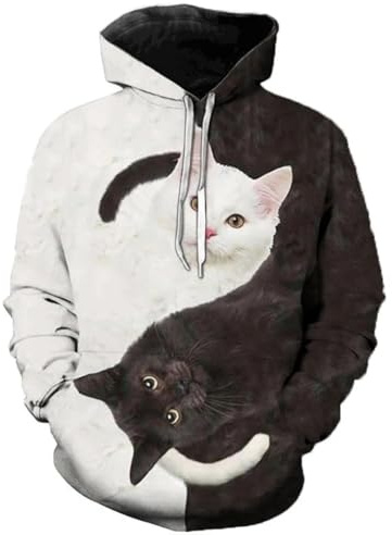 HUANYIN Sweat à Capuche créatif avec Motif Animal et Chat Noir et Blanc, Impression 3D, vêtements de Sport Amusants et décontractés, Pull à Manches Longues