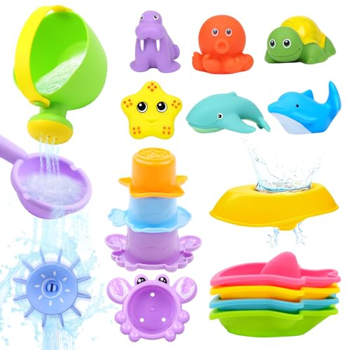 Jouets de Bain pour Tout-Petits de 1 à 4 Ans – 16 pièces sans moisissure avec arrosoir, Bateaux, Jouets à Presser et Tasses empilables – Jouets de Piscine Amusants pour Enfants, garçons et Filles