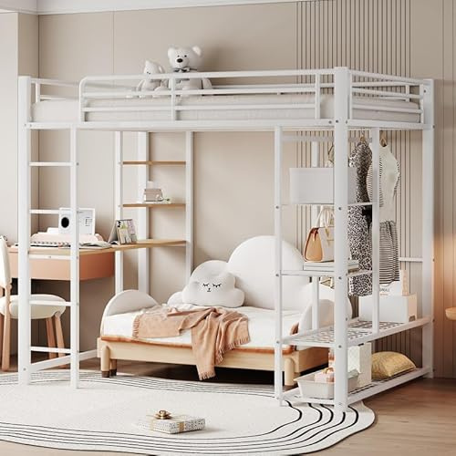 LORISMAI Metall-Hochbett mit Leiter 140 * 200 cm, Juniorbett Doppelbett mit Tisch mit einfachen Kleiderbügeln mit Ablagefächern, Weiß