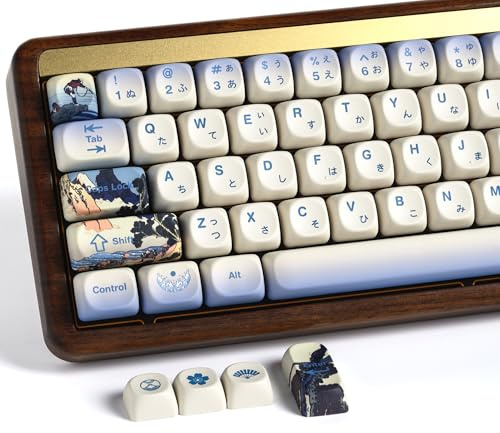 OHY XVX MOA Profile Japanese Fuji Mountain Theme Keycaps Set, 132 - Key Blue & Creamy White Custom Keycaps for US Layout Mechanical Keyboards -Blue and White