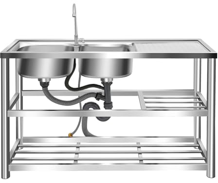 KANBCNG Doppel Spülbecken Gastro Doppelspüle Küche Gewerbliche KüchenspüLe 3 Stufige Design Waschbecken Freistehende Spültisch Komplettes Set Edelstahl Küchenspüle Mit Werkbank und Wasserhahn