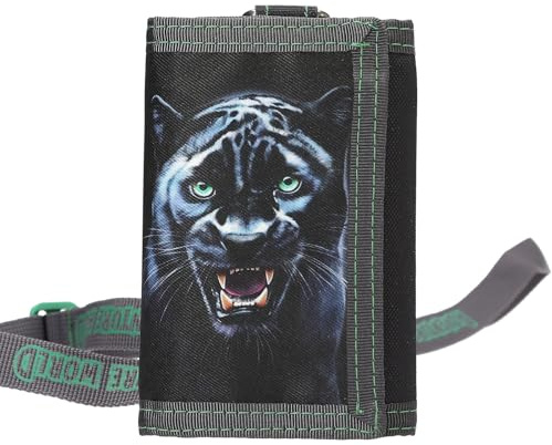 Depesche 13696 Adventure World Panther - Portemonnaie in Schwarz und Grün, mit Panther Motiv, Geldbörse mit Lanyard-Band