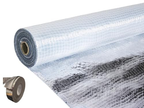 ABS (50sqm) Foil Vapour Barrier Membrane 1m x 50m + ALUMINIUM TAPE SET Reflective ALUMINIUM Insulation Roll for Roof, Wall & Floor Moisture & Heat Resistant CE Approved Thermal Insulation