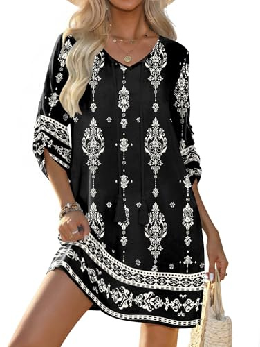 Zeagoo Women Summer Dresses Bohemian Floral Beach Dress Tunic Dress | Ladies Beach Dress,3/4 Sleeve Dresses,V-Neck Dress for Women UK