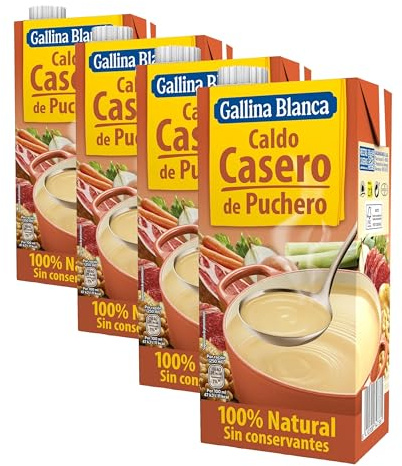 GALLINA BLANCA Caldo Casero de Puchero 100% Natural | Elaborado con Hortalizas de la Huerta, Jamón Curado y Garbanzos. Cocinado a Fuego Lento. Sin Gluten, Sin Conservantes, Bajo en Grasa - 1L
