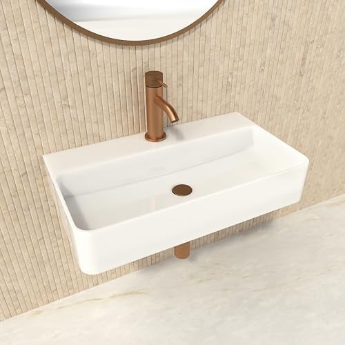 HOGART Waschbecken Wandmontage Keramik 54x30cm Weiß, Rechteckiges Hängewaschbecken oder Aufsatzwaschbecken mit Hahnloch ohne Überlauf, Handwaschbecken Klein für Gäste WC, Kleines Bad (54x30.5x10.5 cm)