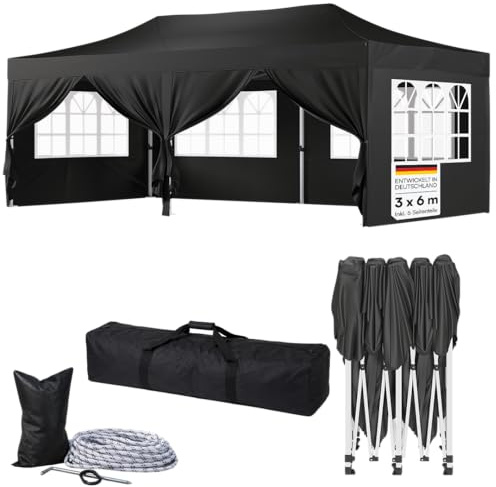 STEELSØN Rynara Pavillon 3x6 m - Faltpavillon mit 6 Seitenteilen – Gartenpavillon großflächig mit Tragetasche – Pop Up Gartenpavillon stabil wasserdicht/UV-beständig/winterfest - Campingzelt - schwarz