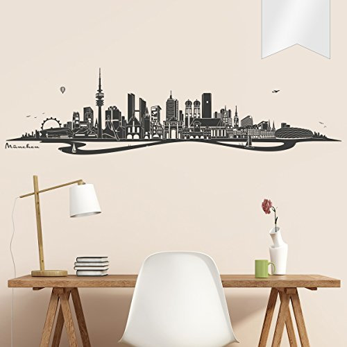 WANDKINGS Wandtattoo Skyline München mit Fluss 300 x 77 cm - Milchglasfolie - 35 Farben zur Wahl