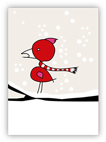Kartenkaufrausch 1x Lustige Winter Weihnachtskarte mit Vogel im rot weiß gestreiftem Schal • als festliche Grußkarte zu Weihnachten, zum Jahreswechsel für Familie und Firma