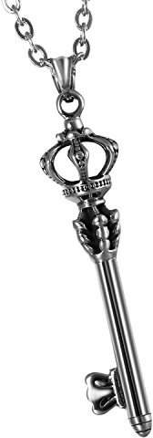 Cupimatch Herren Edelstahl Halskette, Kaiser Krone Schlüssel Anhänger Hochglanz Poliert mit 55cm Kette, silber schwarz