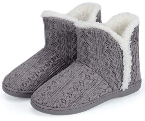 TUOBUQU Hausstiefel Damen Winter Warm Plüsch Hüttenschuhe Leicht Weich Rutschfest Gefüttert Hausschuhe Pantoffeln Stiefel Grau 40/41 EU