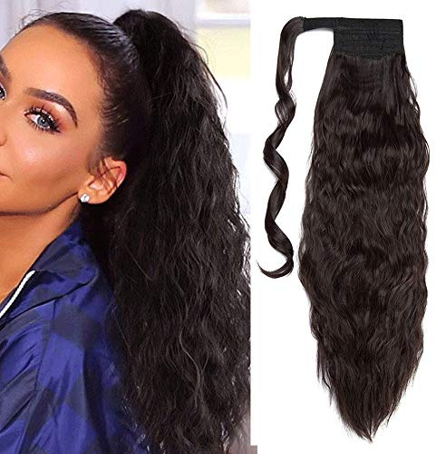20 Inch Wrap Around Ponytail Extension Synthetic Magic Yaki Corn Wave Corn Wave Ponytail Ponytail Curly Hair - Dark Brown