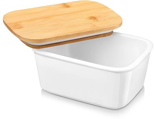 LOVECASA, Beurrier à Eau Breton en Porcelaine avec Couvercle en Bambou et Silicone, Haute Performance d'Étanchéité, Boîte à Beurre Tiramisu- 600ml (Blanc)