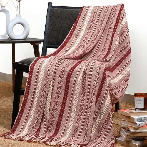 Baumwollgewebte Überwurfdecke mit geflochtenem Streifenmuster – 127 x 152 cm, weiche, warme Überwürfe, dekorativ für Sofa, Couch, Wohnzimmer, Schlafzimmer und Heimdekoration