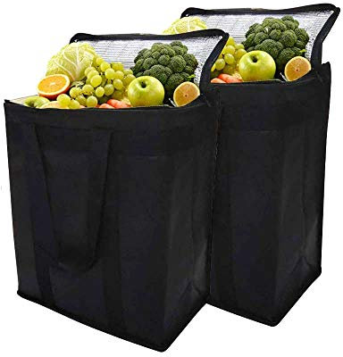 Set of 2 Insulated Cooler Bag,Reusable Grocery Shopping Bag with Dual Zipper Closure Keep Food Hot or Cold,Ideal for Catering,Grocery Transport,30X16X35CM(Black Color)