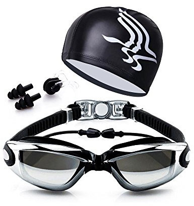 Canst Kaser Schwimmbrillen + Badekappen/Bademütze/Schwimmkappe, Schwimmbrille mit Antibeschlag und UV Schutz für Damen Herren & Kinder, Geschenke Nasenklammer,Ohrstöpsel (Schwarz)