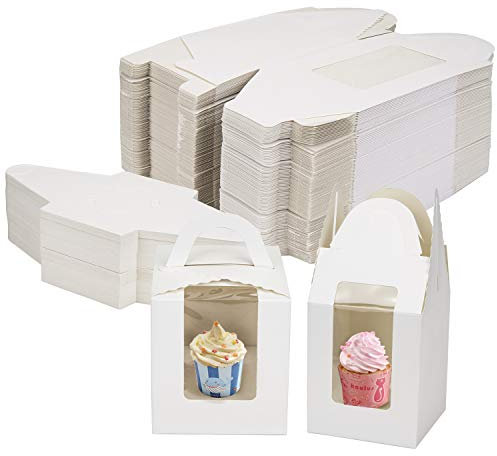 Jucoan 100 Pack White Single Cupcake Boxes, Kraft Paper Individual Cupcake Container with Window Insert Handle, Portable Bakery Containers for Small Cake, Muffins, Birthday Wedding Party