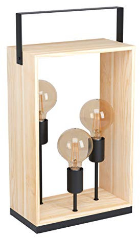 EGLO Tischlampe Famborough, 3 flammige Tischleuchte Vintage, Industrial, Skandinavisch, Nachttischlampe aus Stahl und Holz, Wohnzimmerlampe in Schwarz, Natur, Lampe mit Schalter, E27 Fassung