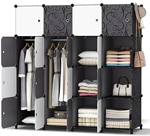 Kleiderschrank, Tragbarer Regalsystem,16 Würfel Schrank aus Kunststoff mit 2 Kleiderstange, Schlafzimmerschrank kleiderschrank Weiss für Schlafzimmer,146 x 142 x 46cm