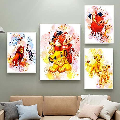 SYXBEIVK Aquarell Cartoon König der Löwen Leinwand Malerei Poster und Drucke Bilder an der Wand Kunst für Kinderzimmer Wohnkultur-40x60cm-30x42cm (Kein Rahmen)