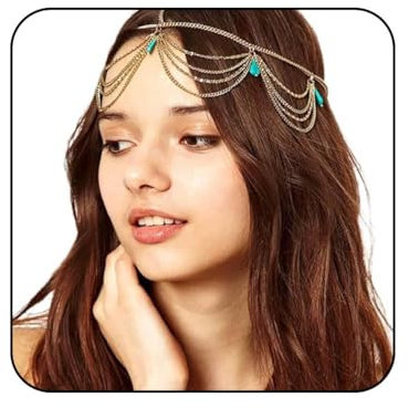 Unicra Boho-Kopfkette, mehrlagig, türkis/goldfarben, Kopfschmuck, Feativschmuck, Brautschmuck, Haarschmuck für Frauen und Mädchen