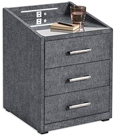 Stella Trading MOON Nachttisch Boxspringbett, Brego Anthrazit - Funktionaler Nachtschrank mit USB-Anschluss und LED-Beleuchtung - 47 x 61 x 46 cm (B/H/T)