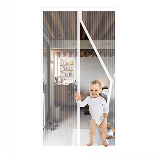 JIANJIAO mosquitera puerta magnetica blanca,85x205cm Puerta de Malla Corredera cortina para del Balcón Corredor Contrapuertas con Anti Mosquito Insecto Se Cierra Automáticamente-Blanco