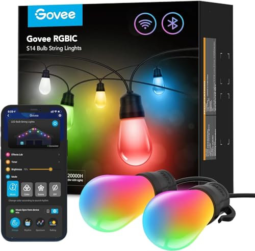 Govee Bombilla Inteligente para Exterior,15M LED RGBIC Blanco Cálido de Patio WiFi, Funcionan con Alexa, IP65 Resistente al Agua, Modos de Escena, Regulable para Patio Trasero y Navidad