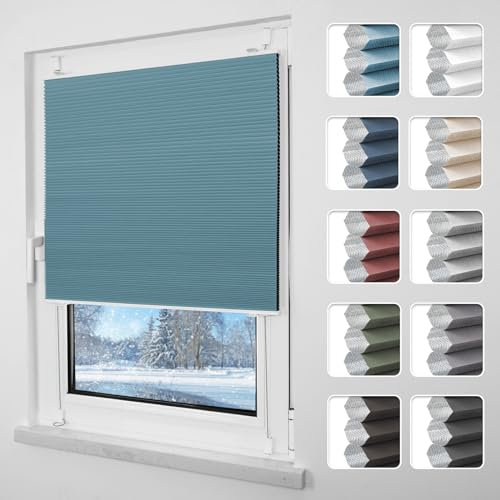 Grandekor Plissee ohne Bohren Verdunkelung 65x120cm weiß-hellblau, Wabenplissee ohne Bohren Thermo Doppelplissee Klemmfix 100% Verdunkelnd Sicht- & Sonnenschutz Plissee Rollos für Fenster & Tür