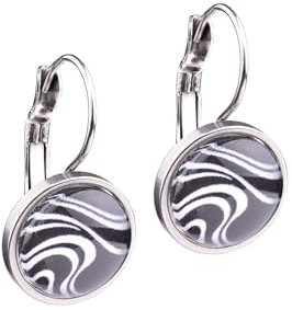Adi Modeschmuck Hängeohrring 'Sara', Ohrhänger mit graphischen Ornamenten in Schwarzweiß unter einem 12mm Glas Cabochon, gefederte Klappbrisur aus Edelstahlhandgefertigt in Berlin (Motiv 6)
