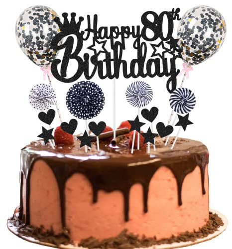 Tortendeko 80. Geburtstag - Happy 80th Birthday Deko für Mann und Frau - Kuchendeko Schwarz mit Hello 16 Glitter Cake Topper