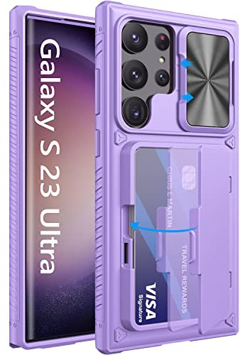 Vihibii for Samsung Galaxy S23 Ultra Case with Card Holder (4 Cards) & Sliding Camera Cover & Kickstand, Shockproof Rugged Hard Back & TPU Edge Wallet Case for Galaxy S23 Ultra 5G 6.8 2023 Purple