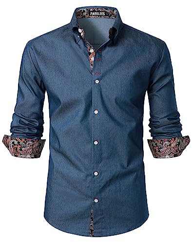 PARKLEES Mens Hipster Paisley Patchwork Design Slim Fit Long Sleeve Button Up Chambray Dress Shirts PPPA279-Dark Blue M