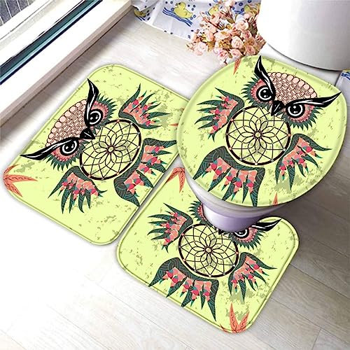 VALCLA 3-Teiliges Mikrofaser Badvorleger Eulen-Karikatur Duschmatte + Kontur Matte + WC-Deckelbezug, rutschfeste Badvorleger für Dusche und Toilette Bohemien Badvorleger
