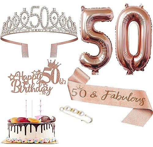 50 Jahre Geburtstag Krone Schärpe, 50 & Fabulous Geburtstag Schärpe Tiara Krone, 50th Geburtstag Cupcake Topper Aluminiumfolie Luftballons für 50. Geburtstag Geschenke Mädchen Kuchen Deko