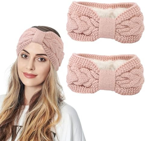 2pcs Winter Knitted Headband, Women Bow Braided Hair Band Wraps Thick Hairband Thermal Wide Headbands for Skiing Running Outdoor (Pink)