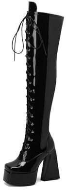 14CM/5.51IN Tallone di Spessore Super High Heel Lace-Up Over-The-Knee Stivali Impermeabili Nightclub Vernice Cuoio Lucido Stivali Alti,Nero,47 EU