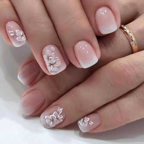 MouyouGlow Press on Nails Kurz,Squoval Nude Rosa Ombre Weiß Blumen Spring Fake Nails Kunstnägel mit Nagelkleber,Summer Floral Print Künstliche Fingernägel …