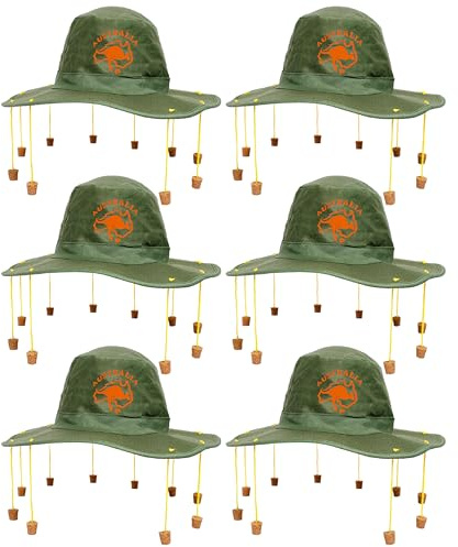Australian Cork Hat - Green Hat with Orange Kangaroo Print and Attached Corks on Strings - Australia Day Fancy Dress Costume Accessory