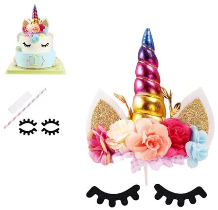 Nishine Rose Floral Unicorn Cake Topper Birthday Party Cake Decoration (Rainbow)