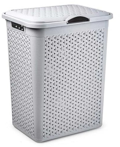 Acan Tradineur - Cesto para Ropa Sucia con Tapa y Asas, pongotodo de plástico, Cubo para Colada, imitación de Mimbre, Fabricado en España (Gris Claro - 38 litros - 49 x 38,5 x 29,5 cm)