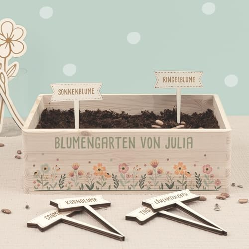 Personalisiertes Saatgut Anzuchtset für Kinder, Mini Gärtner Starter Kit, Garten Holzkiste, Gemüsegarten für Kinder, Kräutergarten, Blumengarten (Blumengarten, L (40x30x14cm))