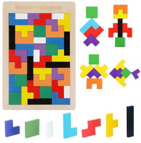 40 Stück Tangram Puzzle Gehirntraining Spielzeug für Kinder,Tangram Puzzle Kinder, Montessori Spielzeug, Geometrische Blöcke Holz Puzzle Box Gehirn Spiele für Kinder frühe Pädagogische