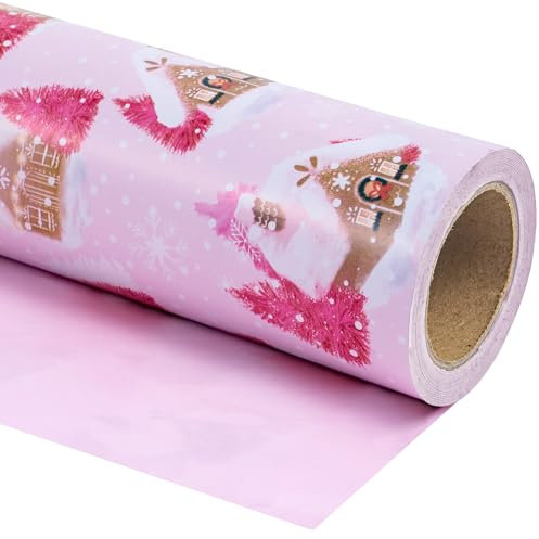 WRAPAHOLIC Wendbares Weihnachts-Geschenkpapier – Mini-Rolle – 43 cm x 100 cm – rosa Lebkuchenhaus und solides rosa Geschenkpapier für Weihnachten, Urlaub, Party Feier
