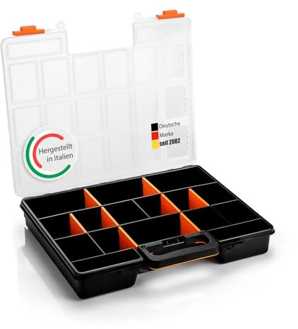 BigDean Sortimentskasten stapelbar 38x33x6cm praktische Sortierbox mit 16 Fächern – Werkzeugkoffer leer Organizer Box Sortierkasten - Sortierboxen für Kleinteile - Made in Italy
