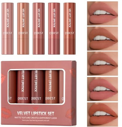 5 Colors Matte Velvet Lipstick Set, Nude Lipcolor, Lightweight Soft Long Lasting Matt Lipstick Make Up Set (COLOR, Set A)