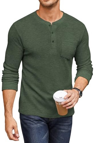 COOFANDY Mens Shirts Henley Shirts Long Sleeve Regular Fit Shirts for Men Basic Waffle Pullover with Pocket ArmyGreen XL