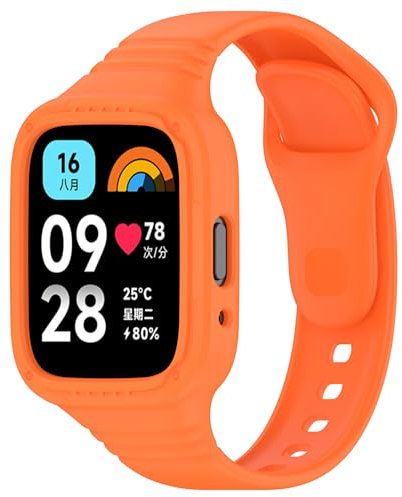 Einteiliger Armband Kompatibel mit Xiaomi Redmi Watch 3 Active Smartwatch, [Ersatz Uhrenarmbänder+Uhrengehäuse], Weiches Silikon Armbänder Anti-Schweiß Sportarmband (1 Orange,26.96CM)